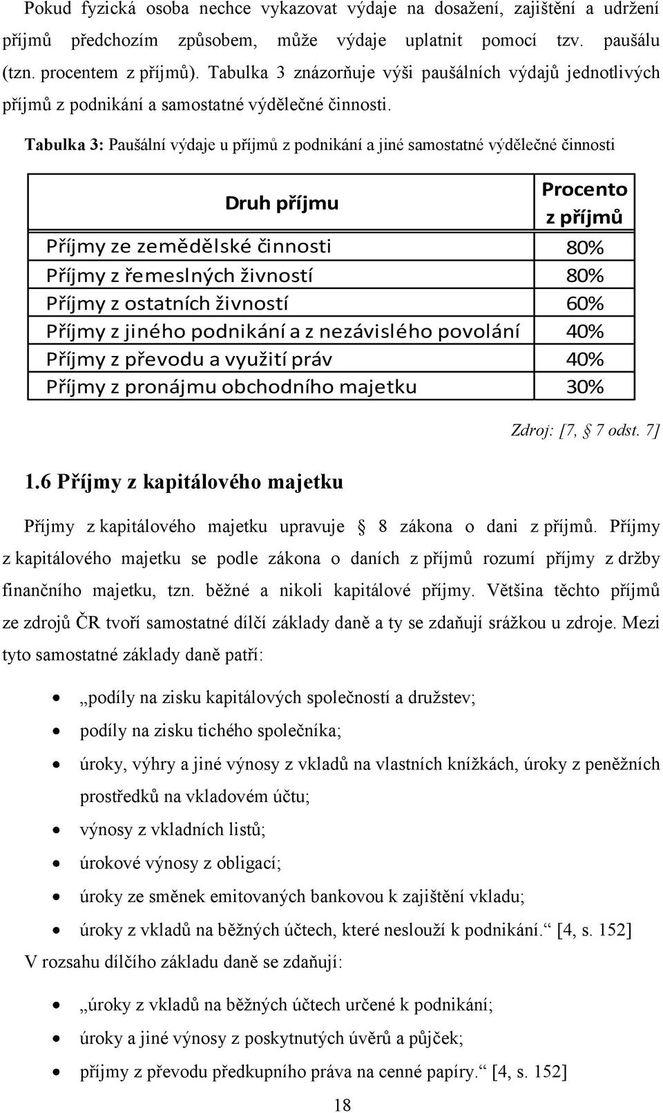 Tabulka 3: Paušální výdaje u příjmů z podnikání a jiné samostatné výdělečné činnosti Druh příjmu 18 Procento z příjmů Příjmy ze zemědělské činnosti 80% Příjmy z řemeslných živností 80% Příjmy z