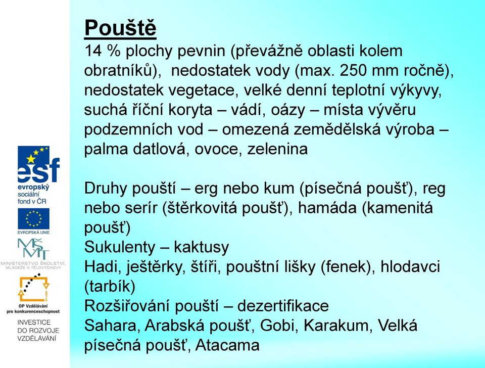 zemědělská výroba palma datlová, ovoce, zelenina Druhy pouští erg nebo kum (písečná poušť), reg nebo serír (štěrkovitá poušť), hamáda