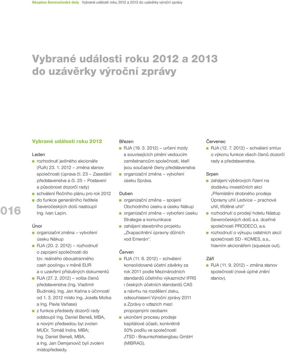 25 Postavení a působnost dozorčí rady) schválení Ročního plánu pro rok 2012 do funkce generálního ředitele Severočeských dolů nastoupil Ing. Ivan Lapin.