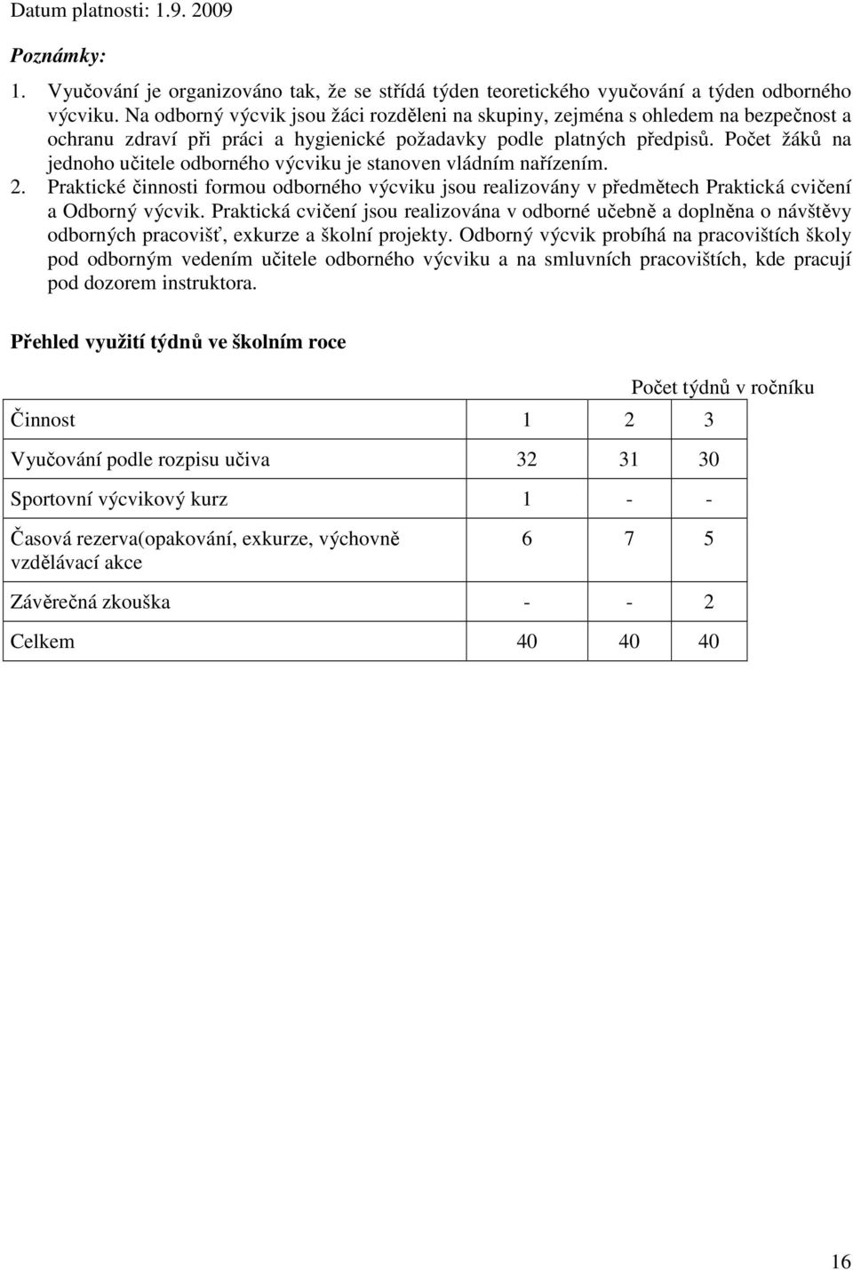 Počet žáků na jednoho učitele odborného výcviku je stanoven vládním nařízením. 2. Praktické činnosti formou odborného výcviku jsou realizovány v předmětech Praktická cvičení a Odborný výcvik.