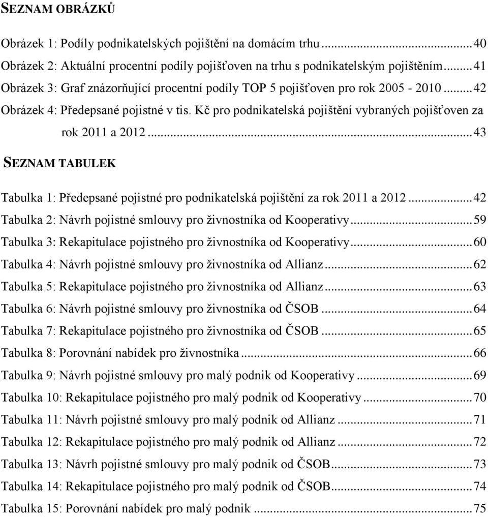 Kč pro podnikatelská pojištění vybraných pojišťoven za rok 2011 a 2012... 43 SEZNAM TABULEK Tabulka 1: Předepsané pojistné pro podnikatelská pojištění za rok 2011 a 2012.