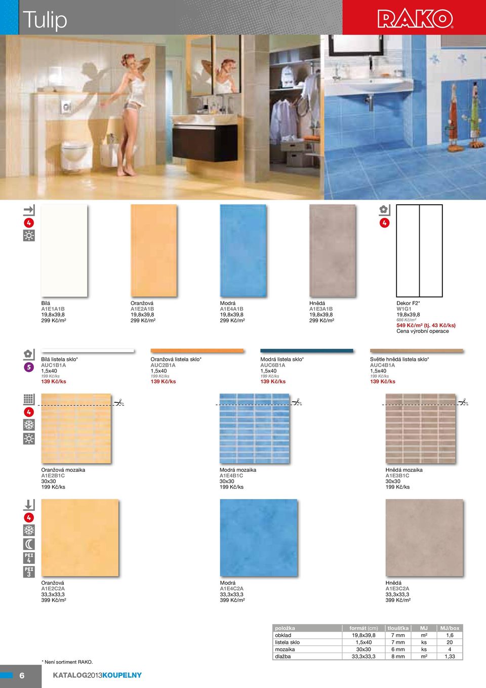 Světle hnědá listela sklo* AUC4B1A 1,5x40 199 Kč/ks 139 Kč/ks Oranžová mozaika A1E2B1C 30x30 199 Kč/ks Modrá mozaika A1E4B1C 30x30 199 Kč/ks Hnědá mozaika A1E3B1C 30x30 199 Kč/ks 4 3 Oranžová A1E2C2A