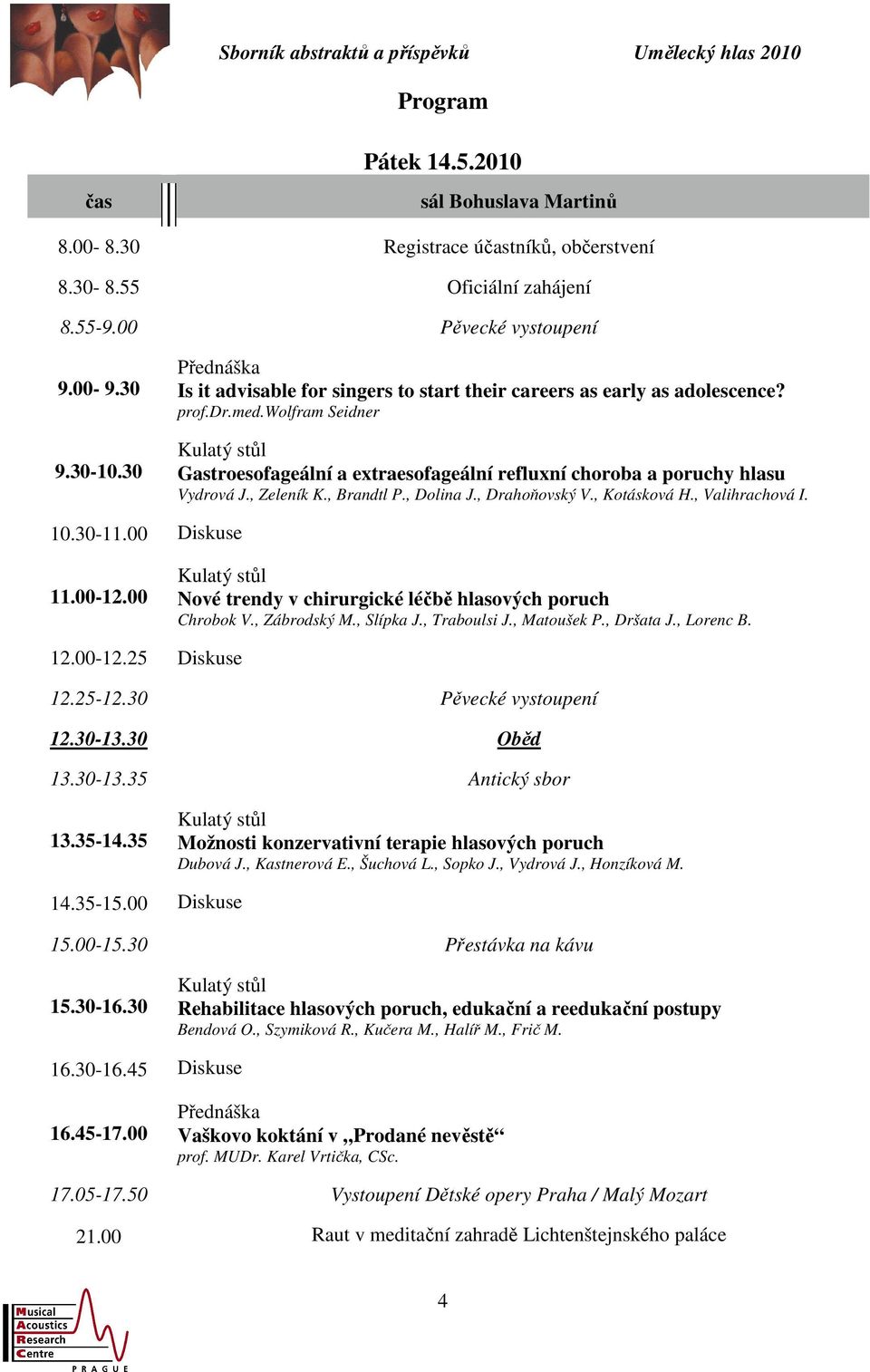 wolfram Seidner Kulatý stůl Gastroesofageální a extraesofageální refluxní choroba a poruchy hlasu Vydrová J., Zeleník K., Brandtl P., Dolina J., Drahoňovský V., Kotásková H., Valihrachová I. 10.30-11.