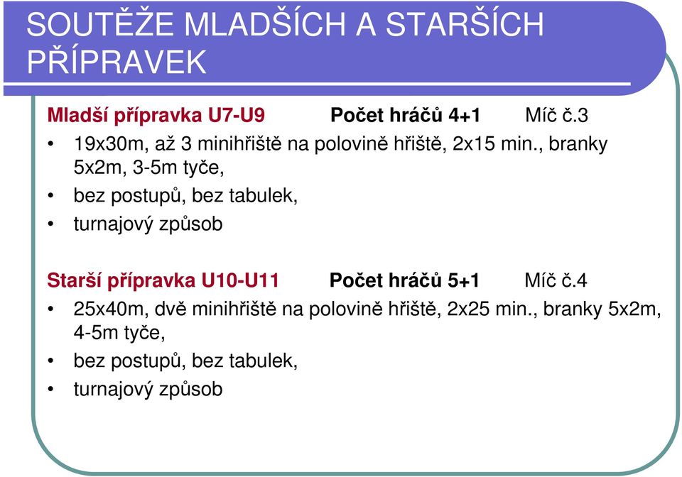 , branky 5x2m, 3-5m tyče, bez postupů, bez tabulek, turnajový způsob Starší přípravka U10-U11