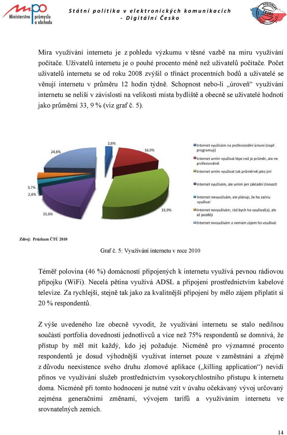 Schopnost nebo-li úroveň využívání internetu se neliší v závislosti na velikosti místa bydliště a obecně se uživatelé hodnotí jako průměrní 33, 9 % (viz graf č. 5). Graf č.