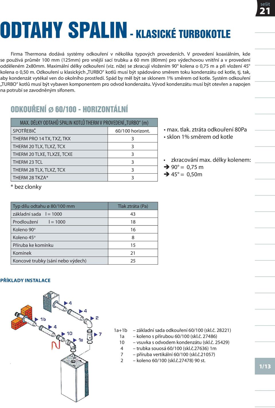 níže) se zkracují vložením 90 kolena o 0,75 m a při vložení 5 kolena o 0,50 m. Odkouření u klasických TURBO kotlů musí být spádováno směrem toku kondenzátu od kotle, tj.