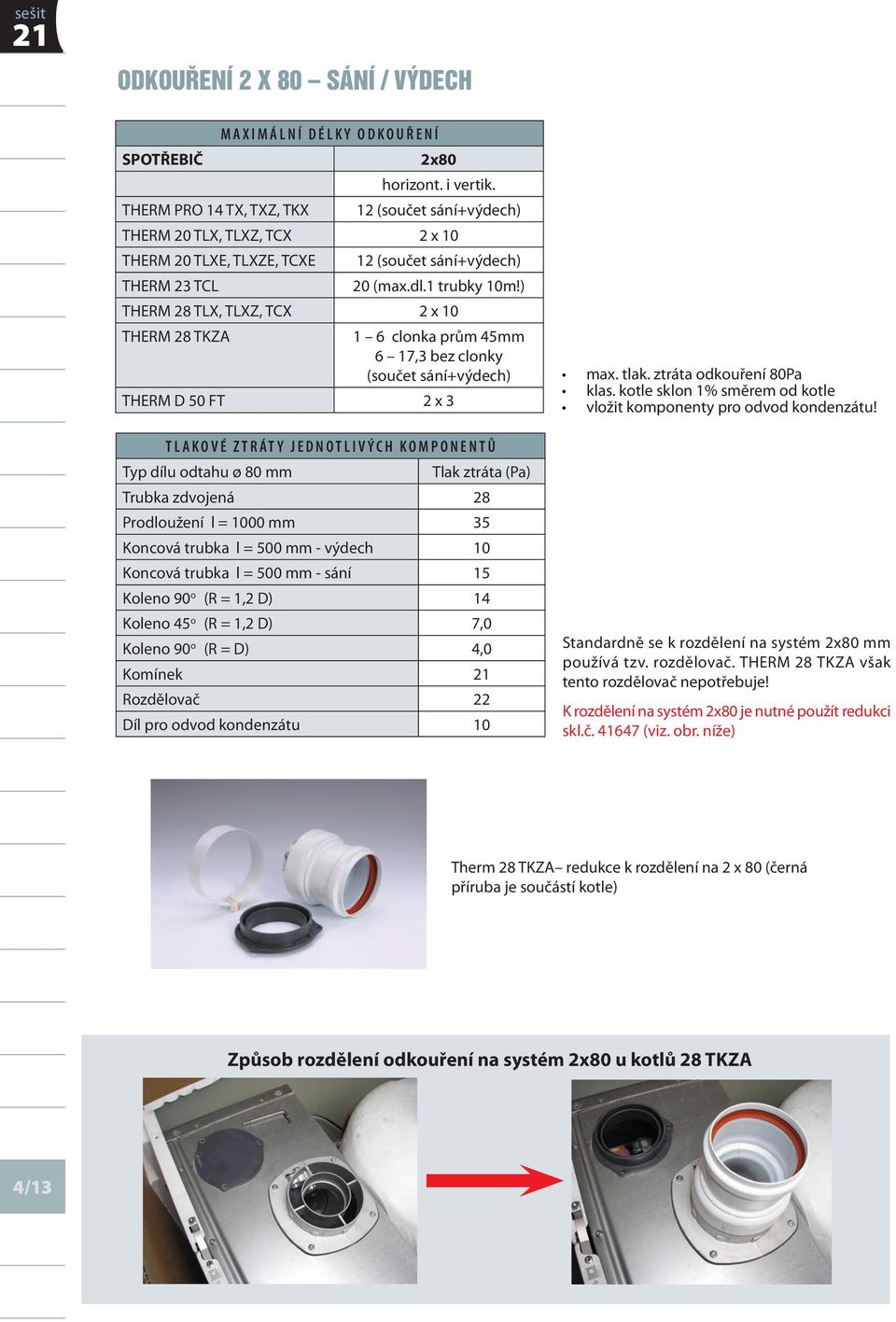 ) THERM 8 TLX, TLXZ, TCX x 0 THERM 8 TKZA 6 clonka prům 5mm 6 7, bez clonky (součet sání+výdech) THERM D 50 FT x T l a k o v é z t r á t y j e d n o t l i v ý c h k o m p o n e n t ů Typ dílu odtahu