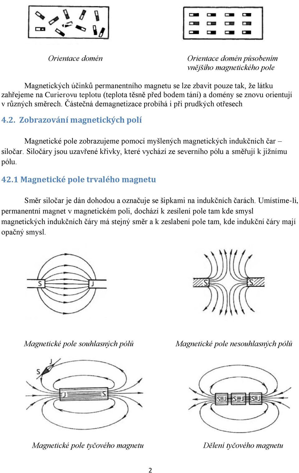 Zobrazování magnetických polí Magnetické pole zobrazujeme pomocí myšlených magnetických indukčních čar siločar. Siločáry jsou uzavřené křivky, které vychází ze severního pólu a směřují k jižnímu pólu.