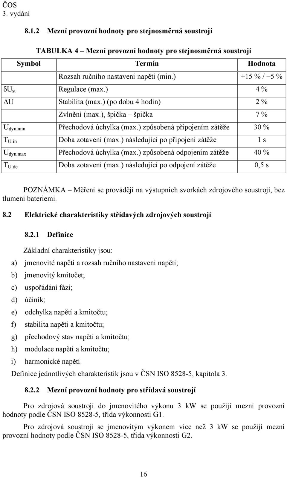 in Doba zotavení (max.) následující po připojení zátěže 1 s U dyn.max Přechodová úchylka (max.) způsobená odpojením zátěže 40 % T U.de Doba zotavení (max.