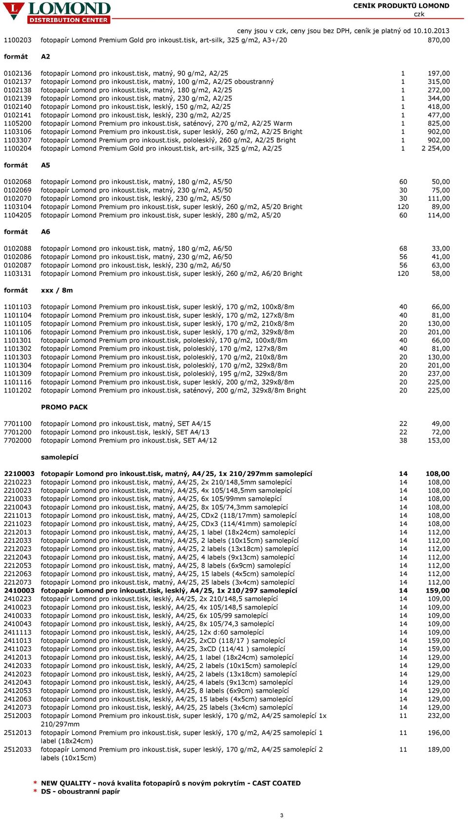 tisk, matný, 180 g/m2, A2/25 1 272,00 0102139 fotopapír Lomond pro inkoust.tisk, matný, 230 g/m2, A2/25 1 344,00 0102140 fotopapír Lomond pro inkoust.