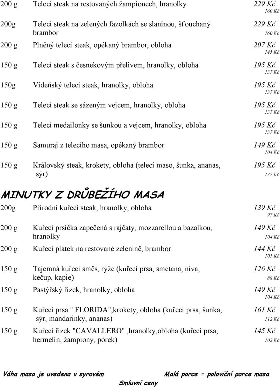 medailonky se šunkou a vejcem, hranolky, obloha 1 150 g Samuraj z telecího masa, opékaný brambor 149 Kč 150 g Královský steak, krokety, obloha (telecí maso, šunka, ananas, 1 sýr) MINUTKY Z DRŮBEŽÍHO