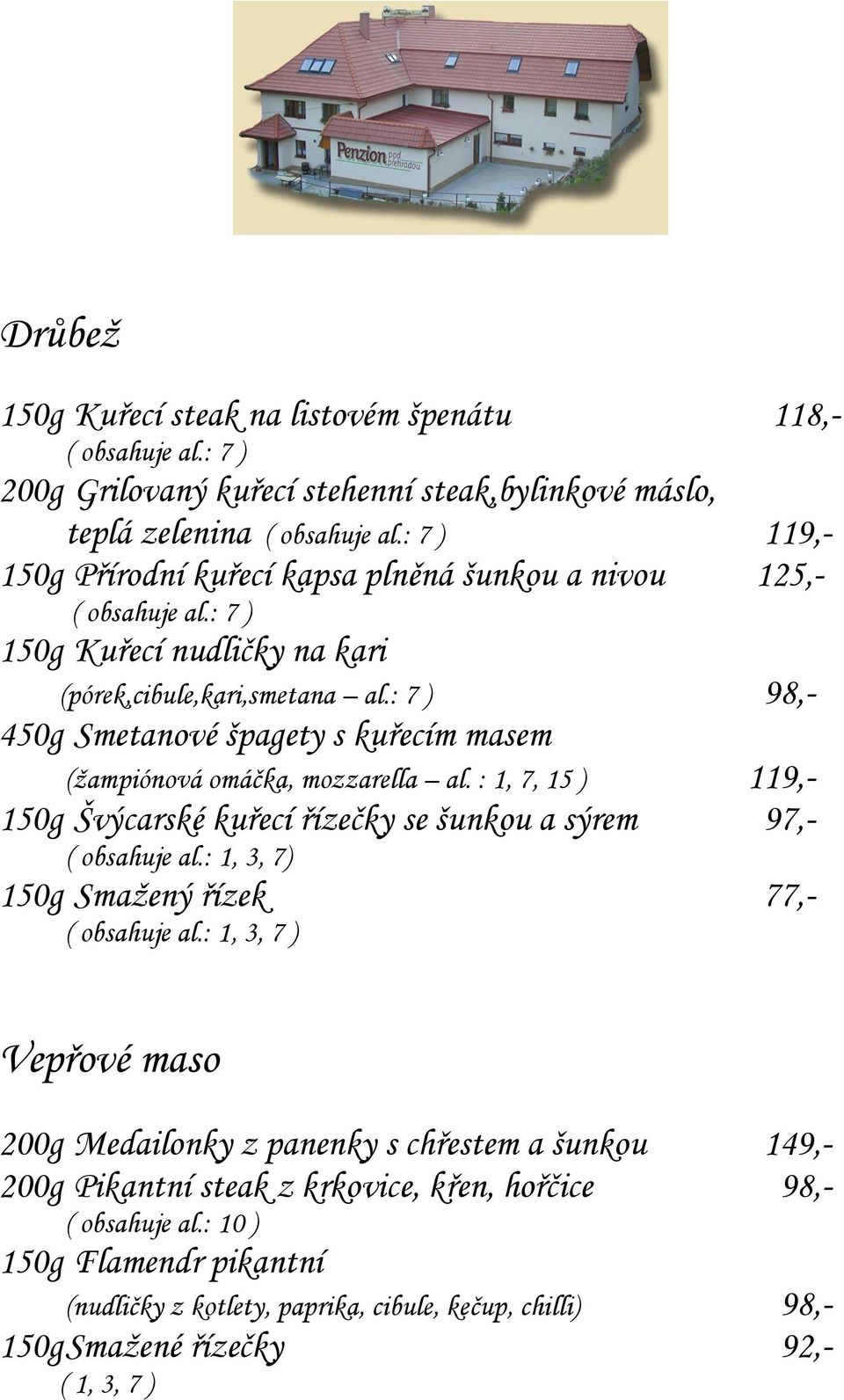 : 1, 7, 15 ) 119,- 150g Švýcarské kuřecí řízečky se šunkou a sýrem 97,- ( obsahuje al.