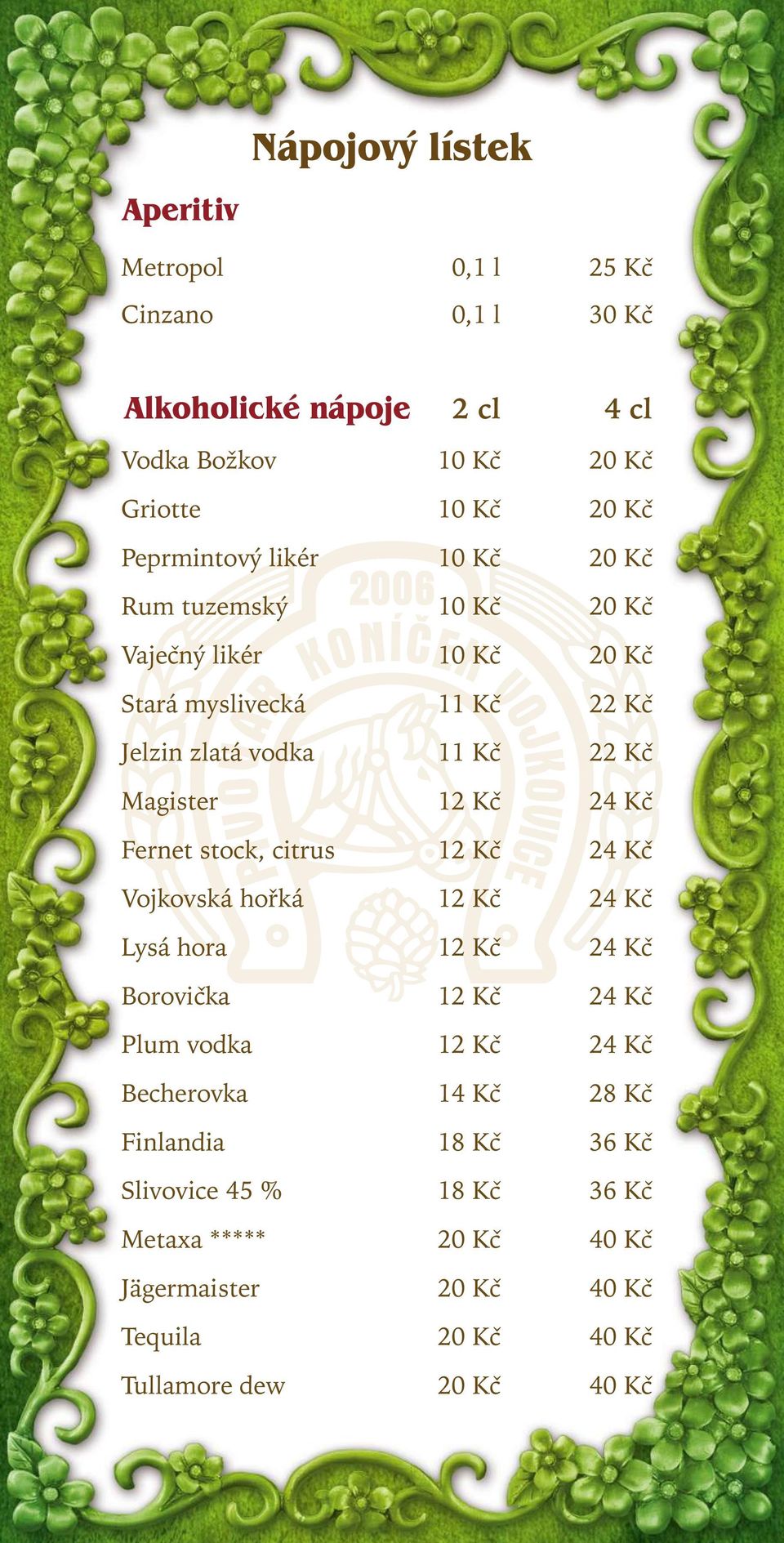 12 Kč 24 Kč Fernet stock, citrus 12 Kč 24 Kč Vojkovská hořká 12 Kč 24 Kč Lysá hora 12 Kč 24 Kč Borovička 12 Kč 24 Kč Plum vodka 12 Kč 24 Kč