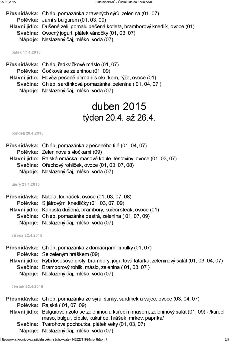 2015 Přesnídávka: Chléb, ředkvičkové máslo (01, 07) Polévka: Čočková se zeleninou (01, 09) Hlavní jídlo: Hovězí pečeně přírodní s okurkem, rýže, ovoce (01) Svačina: Chléb, sardinková pomazánka,