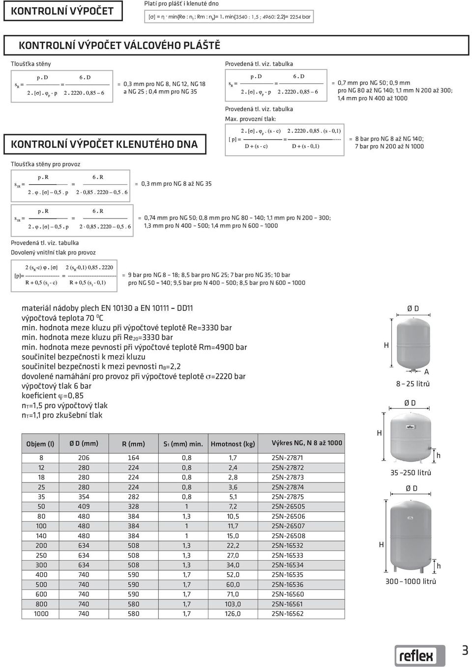 provozní tlak: = 0,7 mm pro NG 50; 0,9 mm pro NG 80 až NG 140; 1,1 mm N 200 až 300; 1,4 mm pro N 400 až 1000 KONTROLNÍ VÝPOČET KLENUTÉHO DNA = 8 bar pro NG 8 až NG 140; 7 bar pro N 200 až N 1000