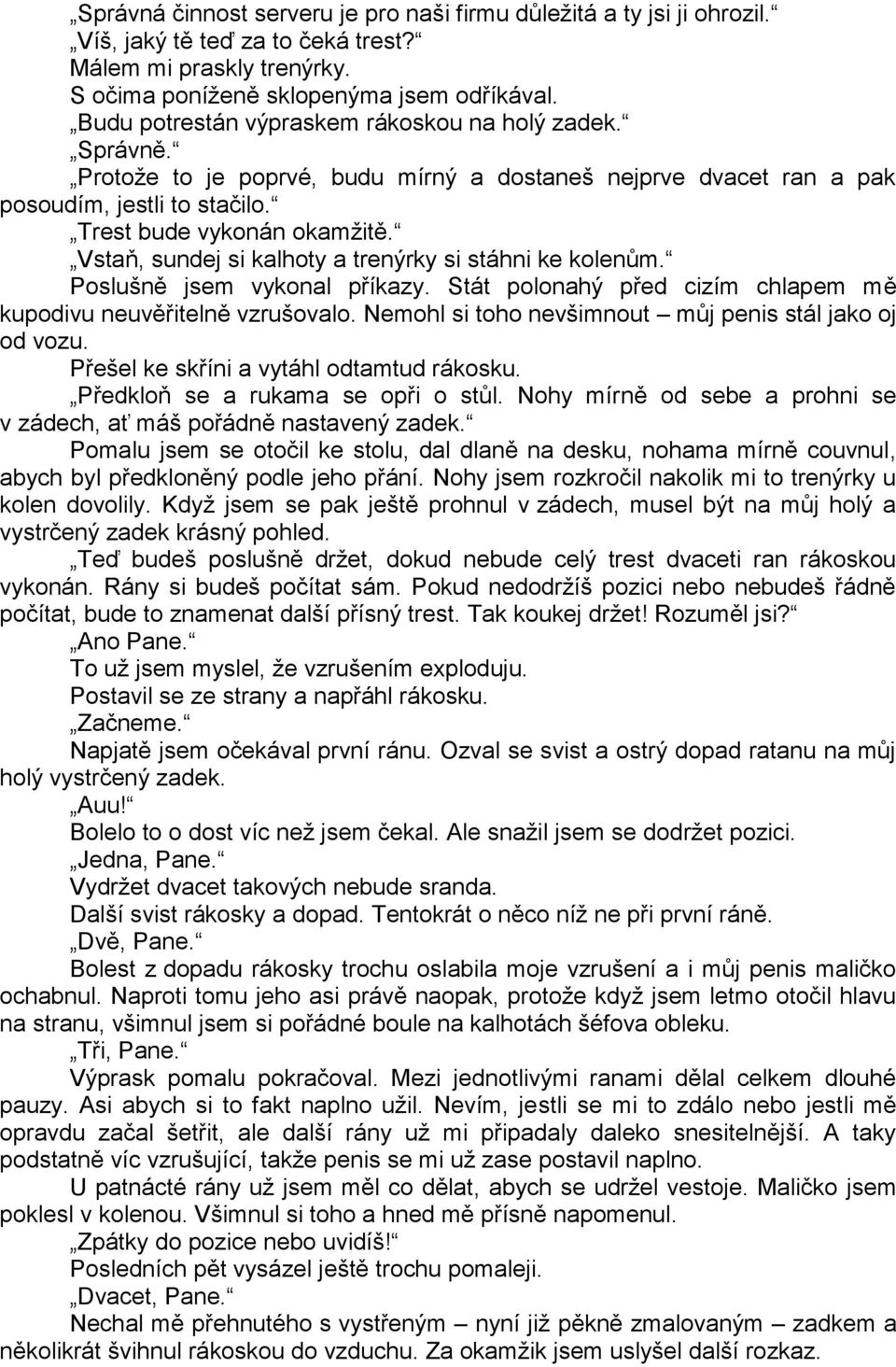 Vstaň, sundej si kalhoty a trenýrky si stáhni ke kolenům. Poslušně jsem vykonal příkazy. Stát polonahý před cizím chlapem mě kupodivu neuvěřitelně vzrušovalo.