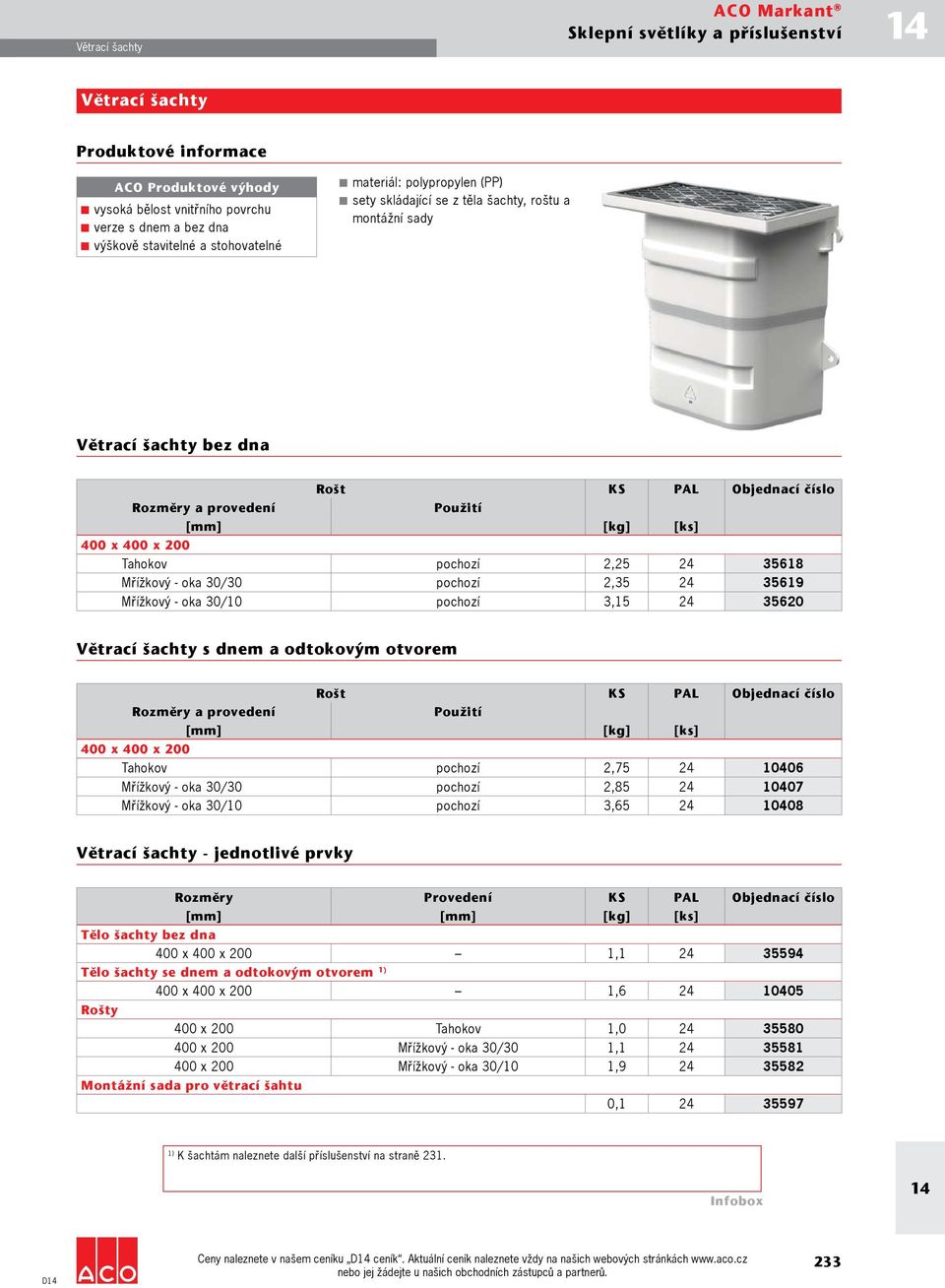 Tahokov pochozí 2,25 24 35618 Mřížkový - oka 30/30 pochozí 2,35 24 35619 Mřížkový - oka 30/10 pochozí 3,15 24 35620 Větrací šachty s dnem a odtokovým otvorem Rošt KS PAL Objednací číslo Rozměry a