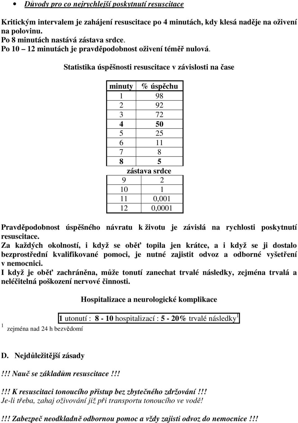 Statistika úspěšnosti resuscitace v závislosti na čase minuty % úspěchu 1 98 2 92 3 72 4 50 5 25 6 11 7 8 8 5 9 2 10 1 11 0,001 12 0,0001 Pravděpodobnost úspěšného návratu k životu je závislá na