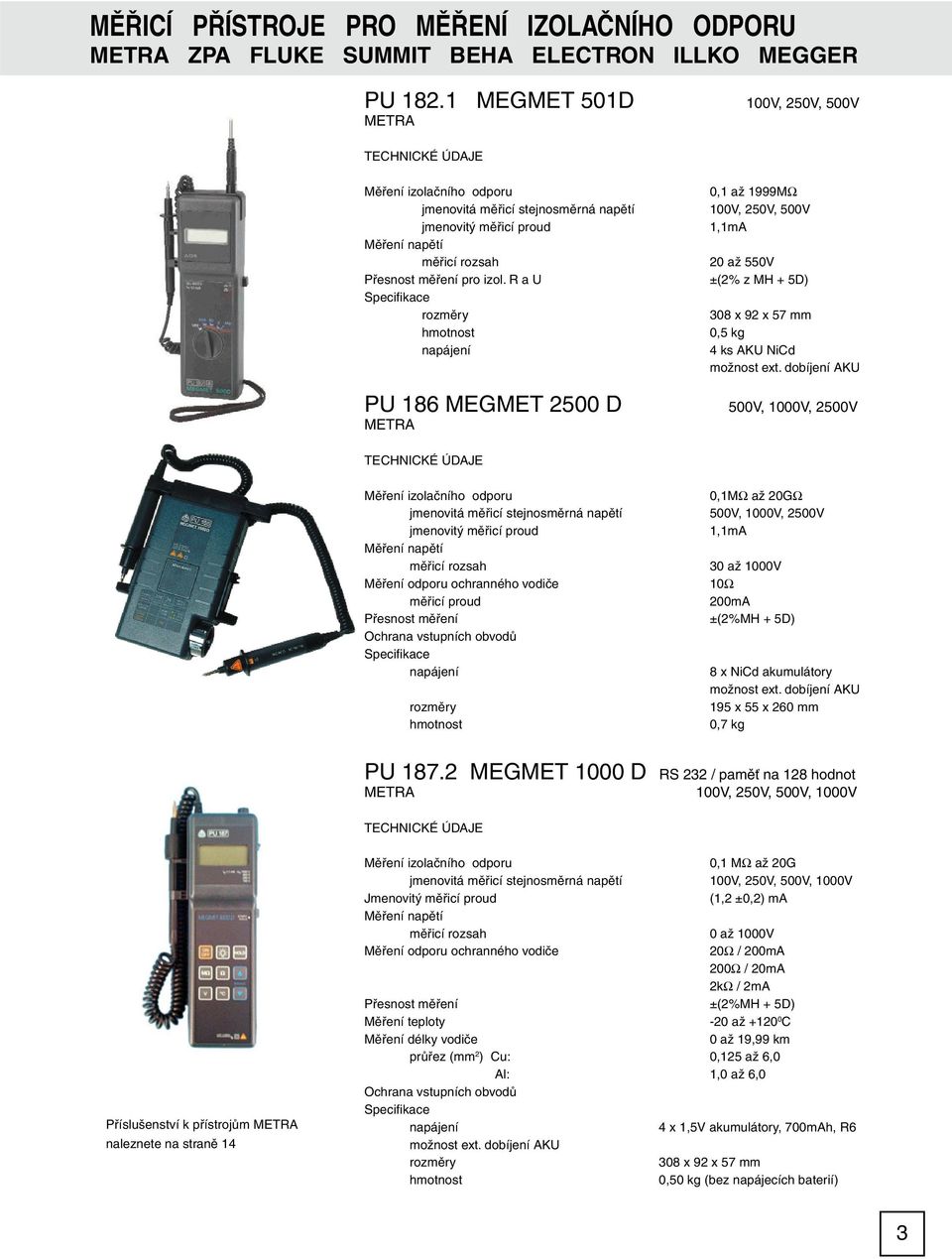 Přesnost měření pro izol. R a U ±(2% z MH + 5D) Specifi kace rozměry 308 x 92 x 57 mm hmotnost 0,5 kg napájení 4 ks AKU NiCd možnost ext.