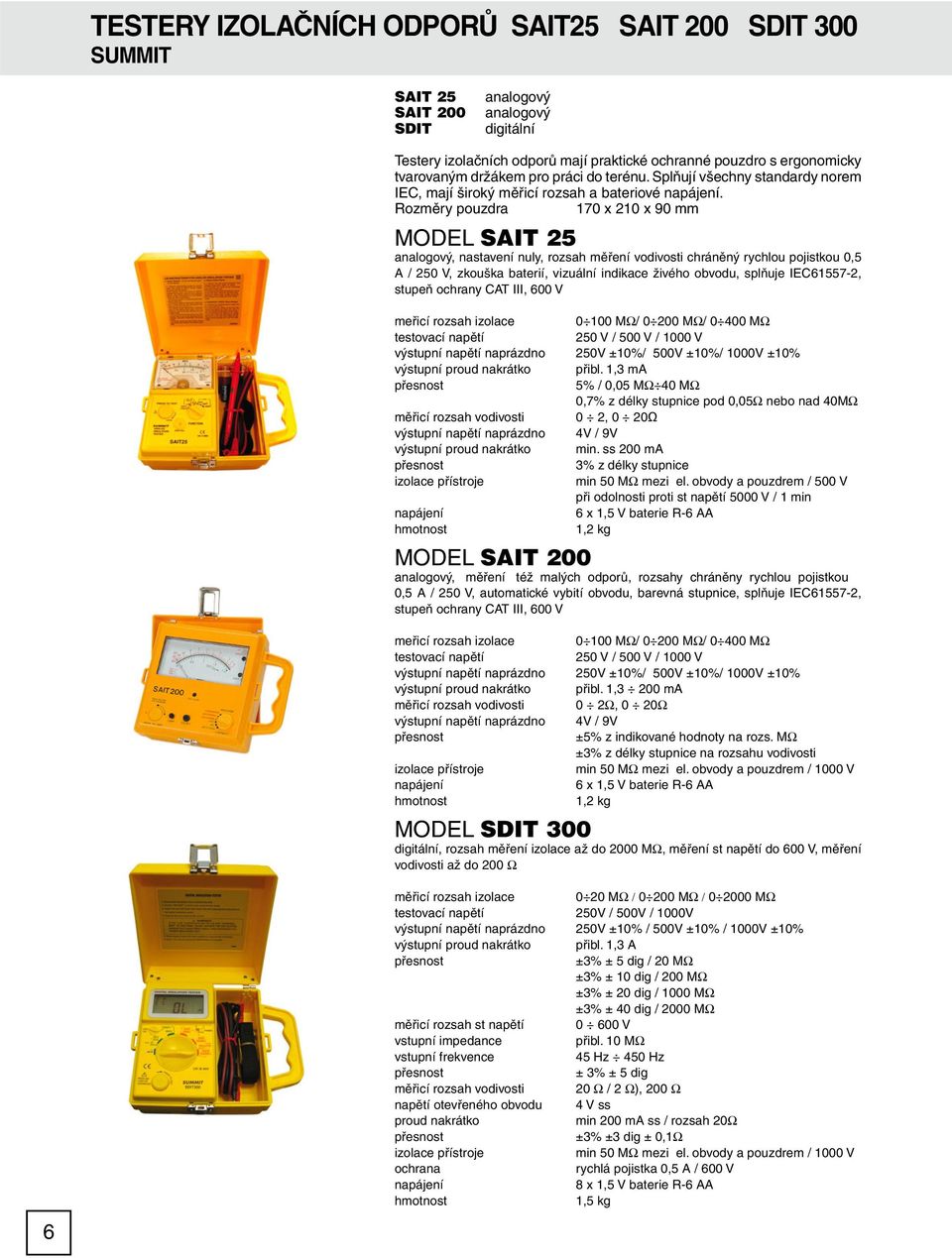 Rozměry pouzdra 170 x 210 x 90 mm MODEL SAIT 25 analogový, nastavení nuly, rozsah měření vodivosti chráněný rychlou pojistkou 0,5 A / 250 V, zkouška baterií, vizuální indikace živého obvodu, splňuje