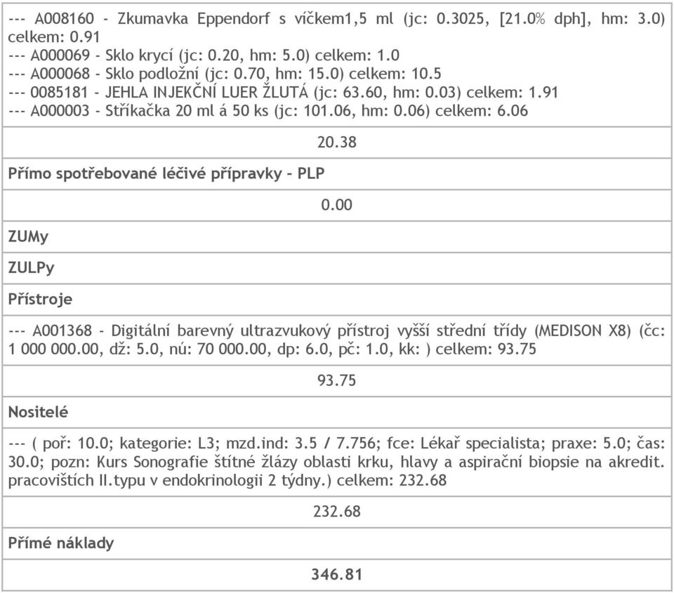 06 Přímo spotřebované léčivé přípravky - PLP ZUMy ZULPy Přístroje 20.38 --- A001368 - Digitální barevný ultrazvukový přístroj vyšší střední třídy (MEDISON X8) (čc: 1 000 00, dž: 5.0, nú: 70 00, dp: 6.