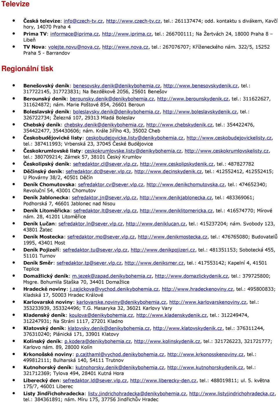 cz, tel.: 317722145, 317723831; Na Bezděkově 2056, 25601 Benešov Berounský deník: berounsky.denik@denikybohemia.cz, http://www.berounskydenik.cz, tel.: 311622627, 311624872; nám.