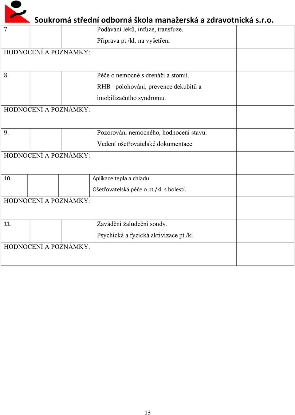 9. Pozorování nemocného, hodnocení stavu. Vedení ošetřovatelské dokumentace. 10.