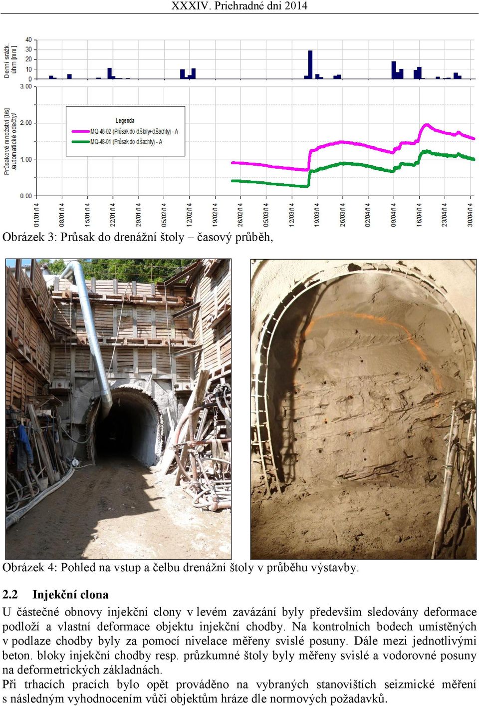 Na kontrolních bodech umístěných v podlaze chodby byly za pomocí nivelace měřeny svislé posuny. Dále mezi jednotlivými beton. bloky injekční chodby resp.