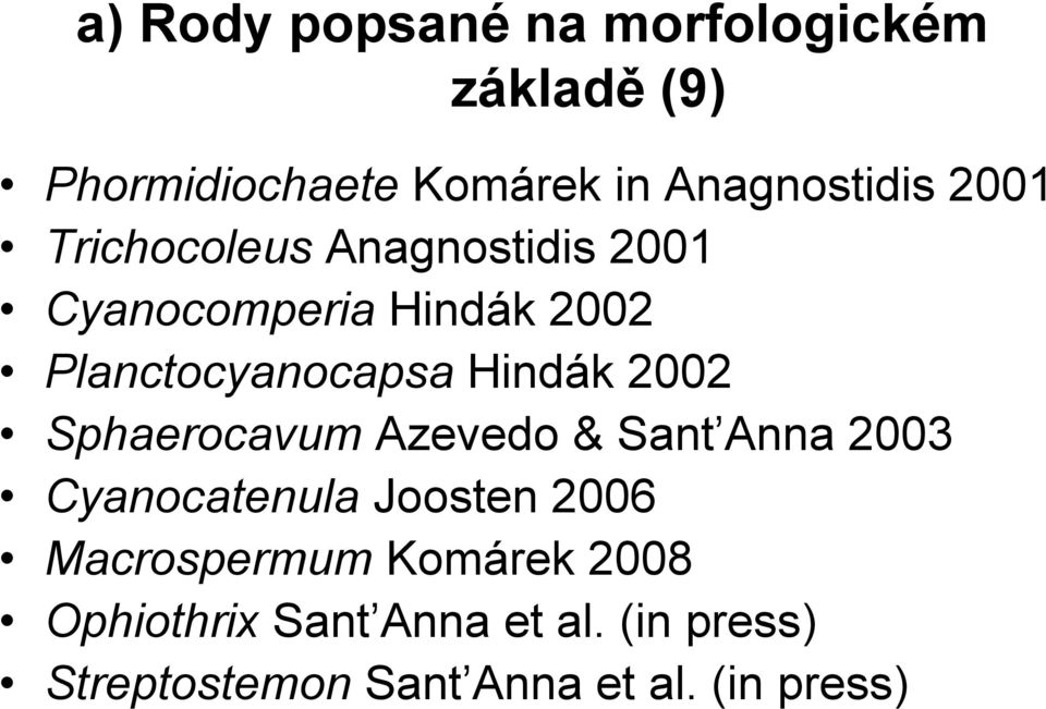 2002 Sphaerocavum Azevedo & Sant Anna 2003 Cyanocatenula Joosten 2006 Macrospermum