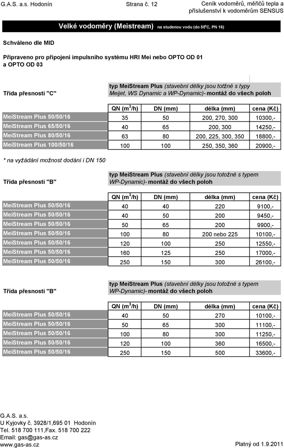 Třída přesnosti "C" MeiStream Plus 50/50/16 MeiStream Plus 65/50/16 MeiStream Plus 80/50/16 MeiStream Plus 100/50/16 typ MeiStream Plus (stavební délky jsou totžné s typy Meijet, WS Dynamic a