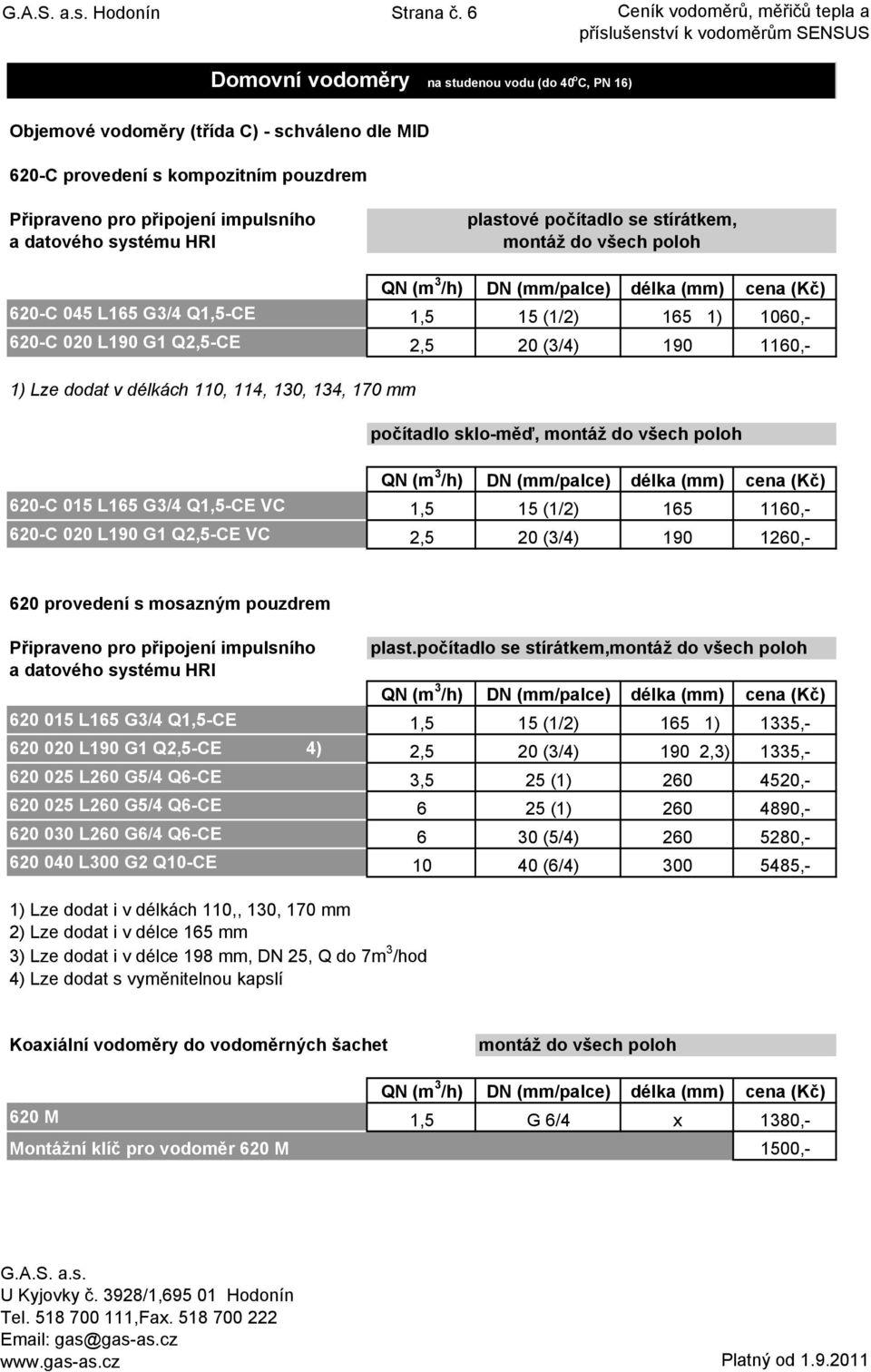 impulsního a datového systému HRI 620-C 045 L165 G3/4 Q1,5-CE 620-C 020 L190 G1 Q2,5-CE plastové počítadlo se stírátkem, montáž do všech poloh QN (m 3 /h) DN (mm/palce) délka (mm) 1,5 15 (1/2) 165 1)