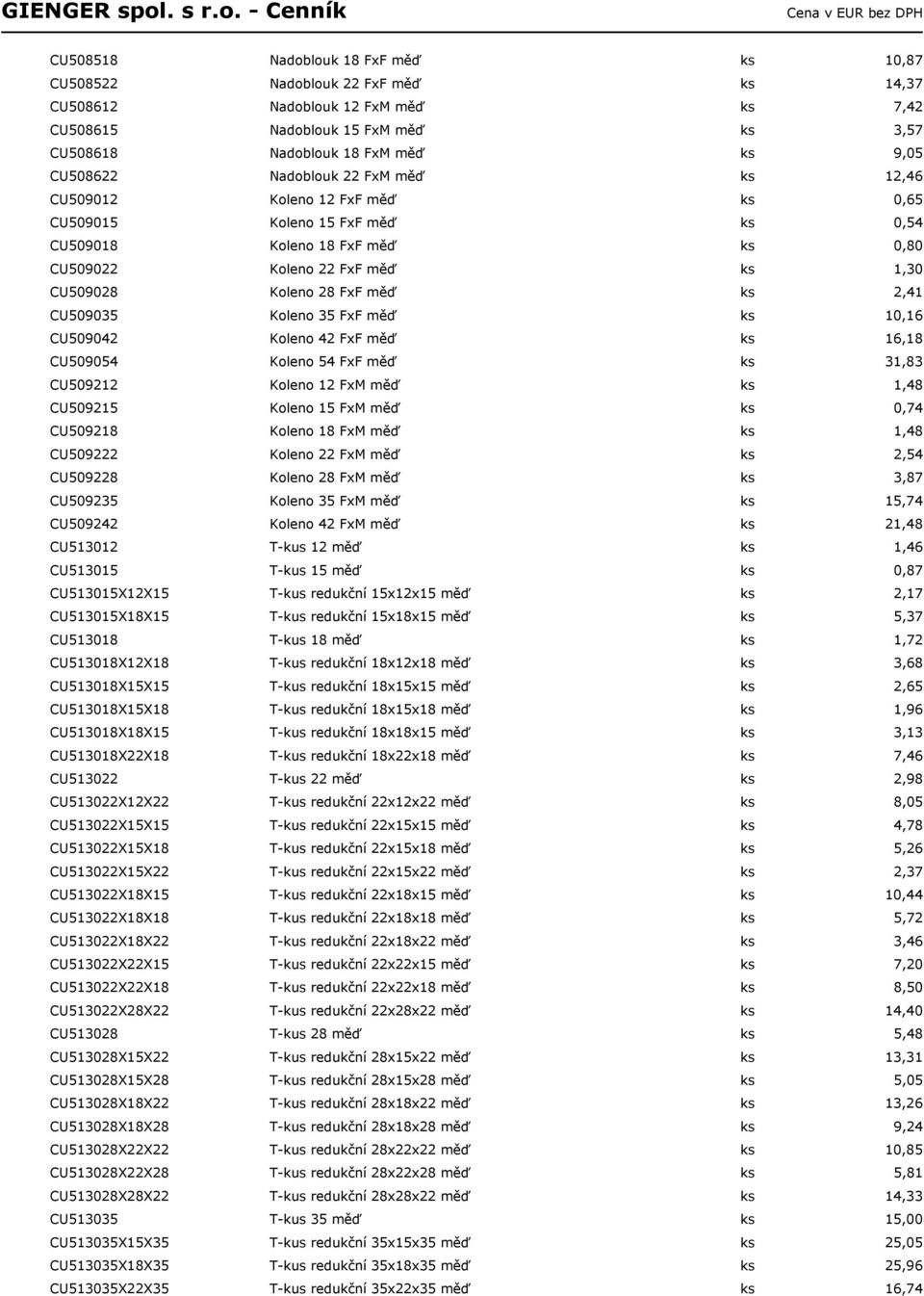 FxF měď ks 2,41 CU509035 Koleno 35 FxF měď ks 10,16 CU509042 Koleno 42 FxF měď ks 16,18 CU509054 Koleno 54 FxF měď ks 31,83 CU509212 Koleno 12 FxM měď ks 1,48 CU509215 Koleno 15 FxM měď ks 0,74