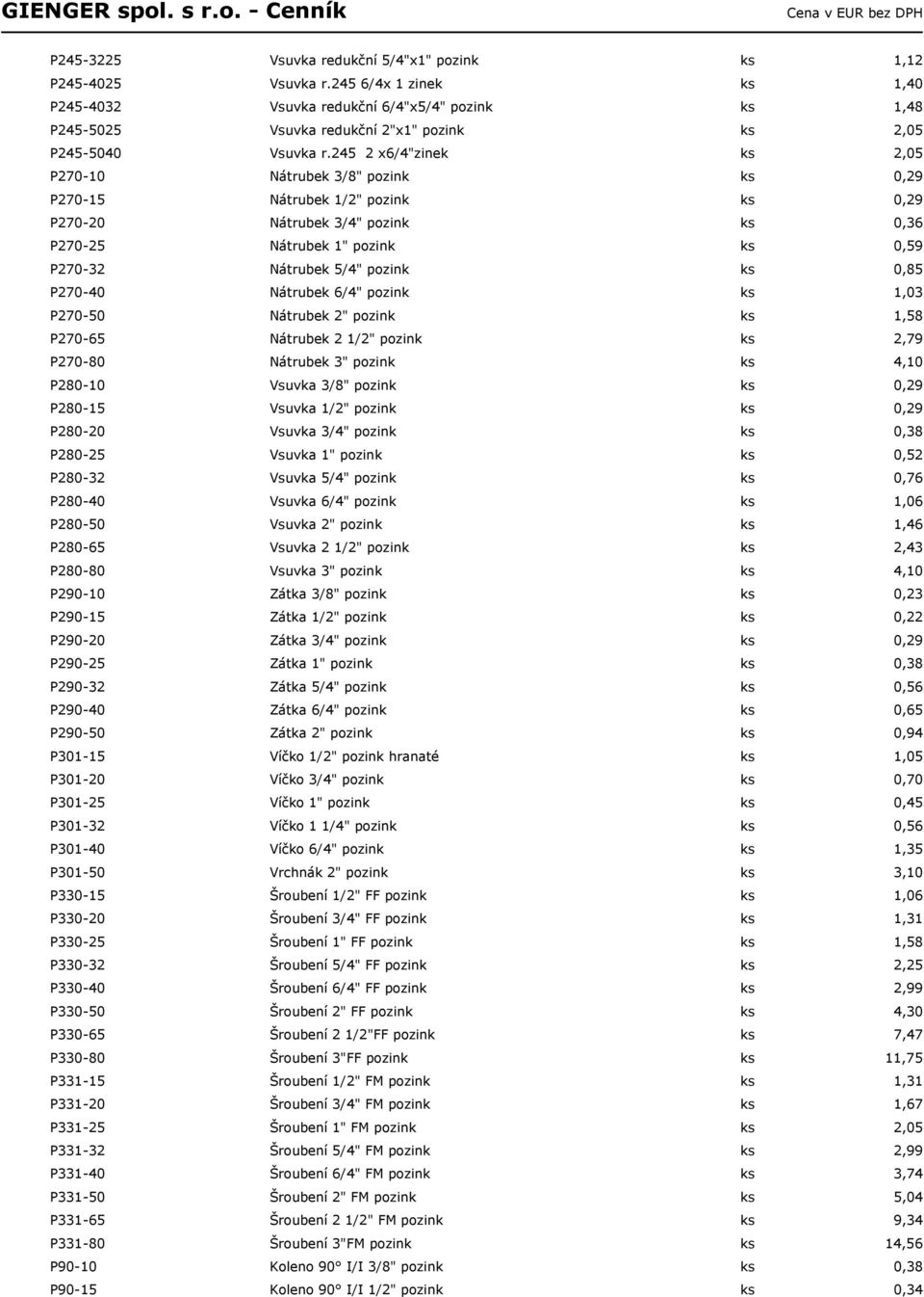 245 2 x6/4"zinek ks 2,05 P270-10 Nátrubek 3/8" pozink ks 0,29 P270-15 Nátrubek 1/2" pozink ks 0,29 P270-20 Nátrubek 3/4" pozink ks 0,36 P270-25 Nátrubek 1" pozink ks 0,59 P270-32 Nátrubek 5/4" pozink