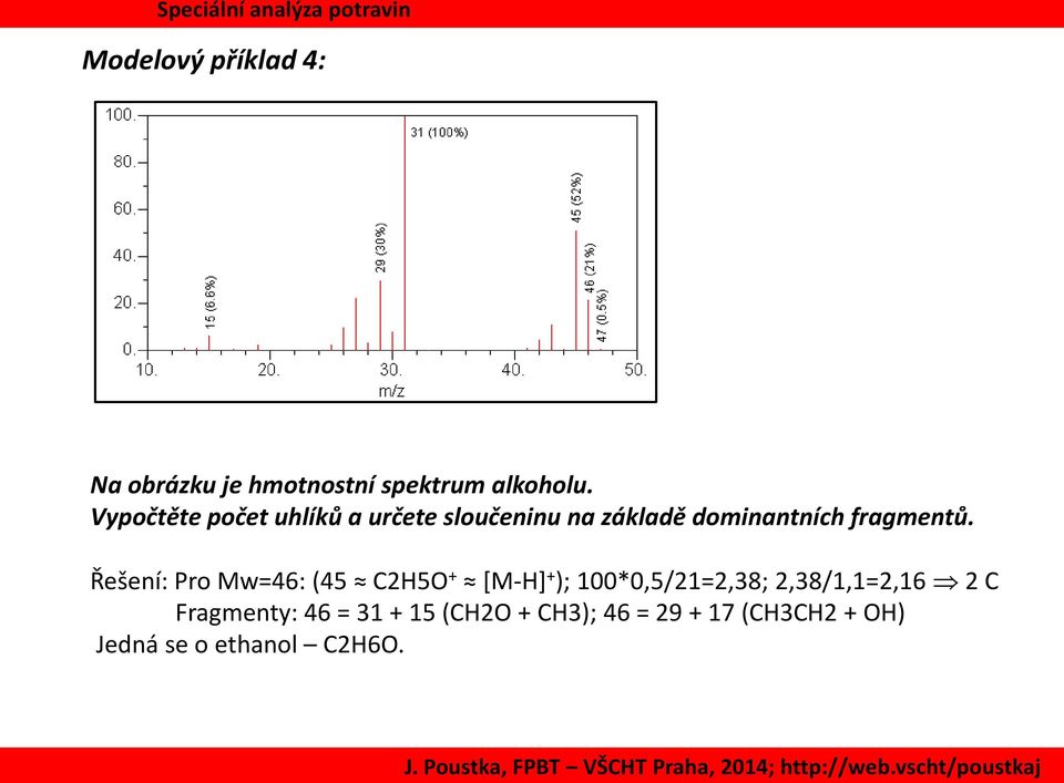 Řešení: Pro Mw=46: (45 C2H5O + [M-H] + ); 100*0,5/21=2,38; 2,38/1,1=2,16 2 C