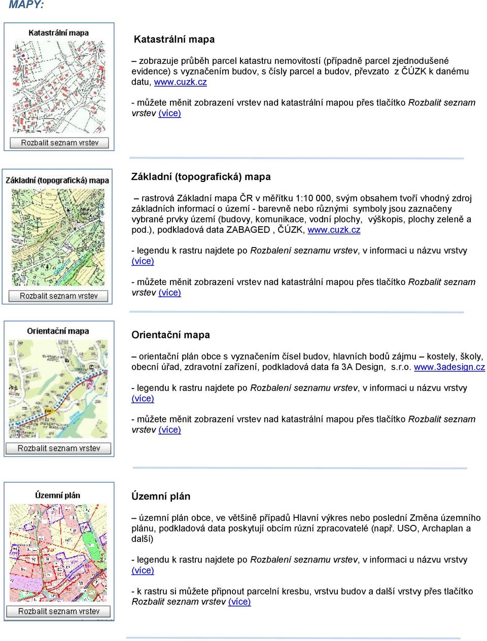 vhodný zdroj základních informací o území - barevně nebo různými symboly jsou zaznačeny vybrané prvky území (budovy, komunikace, vodní plochy, výškopis, plochy zeleně a pod.