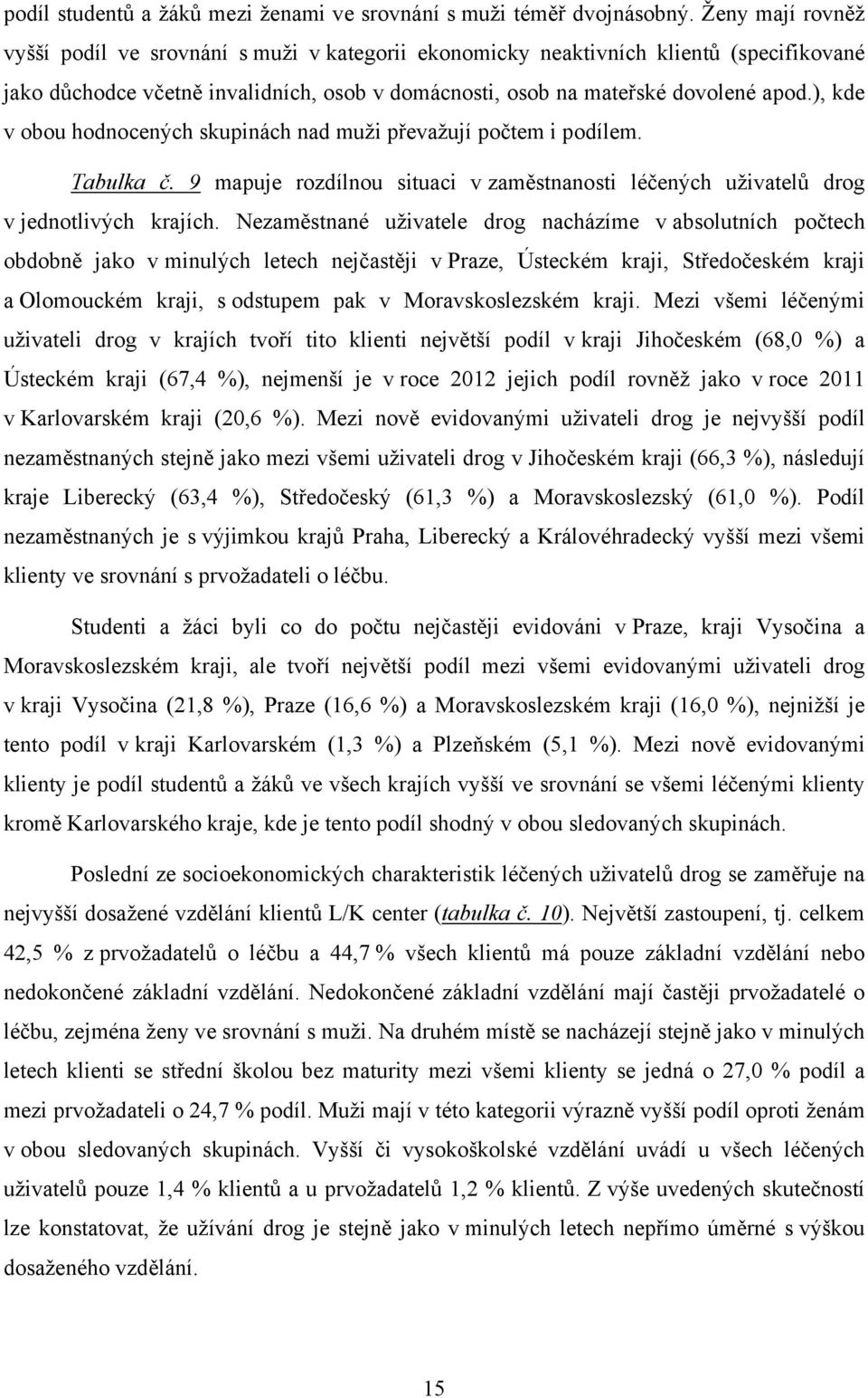 ), kde v obou hodnocených skupinách nad muži převažují počtem i podílem. Tabulka č. 9 mapuje rozdílnou situaci v zaměstnanosti léčených uživatelů drog v jednotlivých krajích.