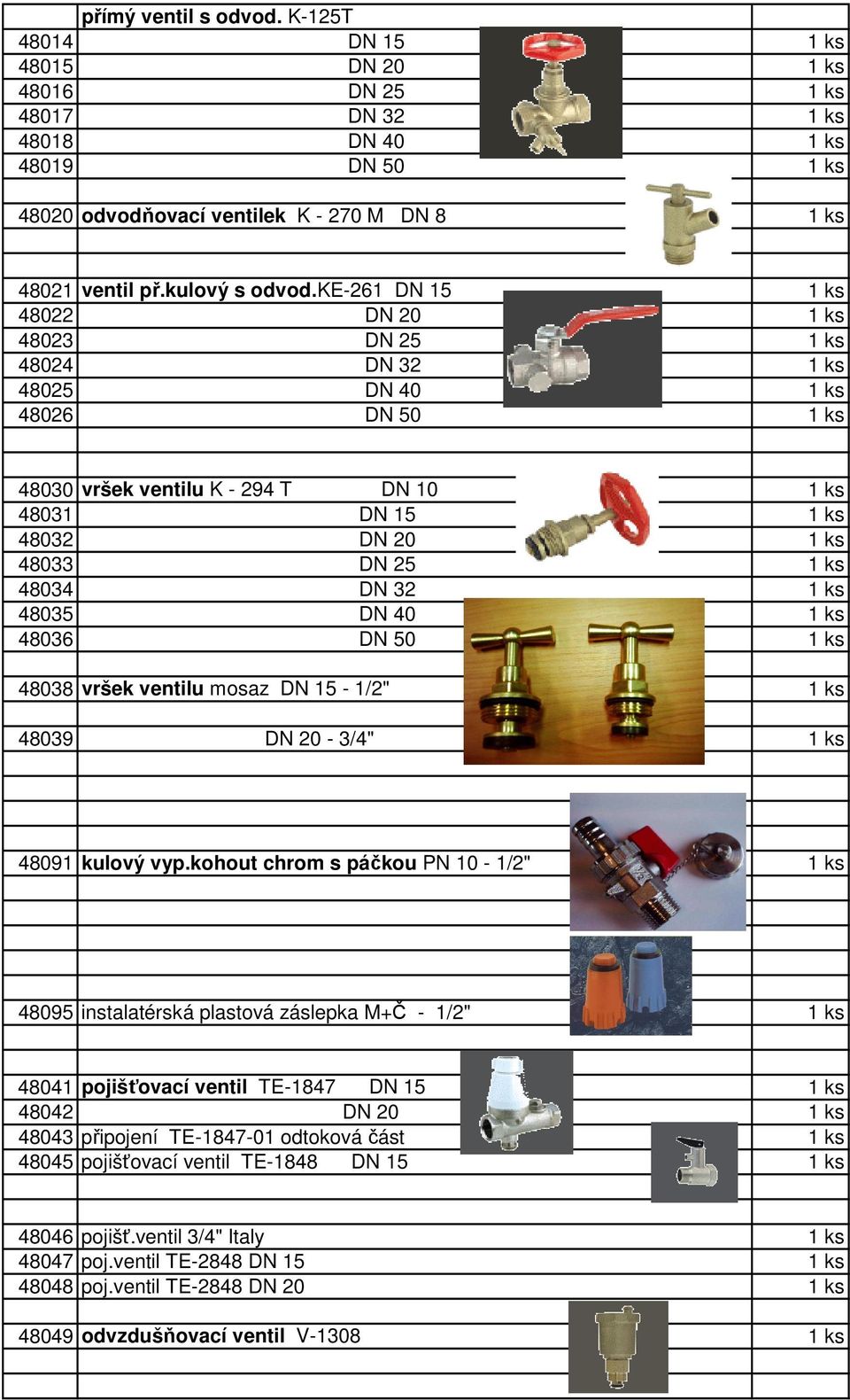 ke-261 DN 15 1 ks 48022 DN 20 1 ks 48023 DN 25 1 ks 48024 DN 32 1 ks 48025 DN 40 1 ks 48026 DN 50 1 ks 48030 vršek ventilu K - 294 T DN 10 1 ks 48031 DN 15 1 ks 48032 DN 20 1 ks 48033 DN 25 1 ks