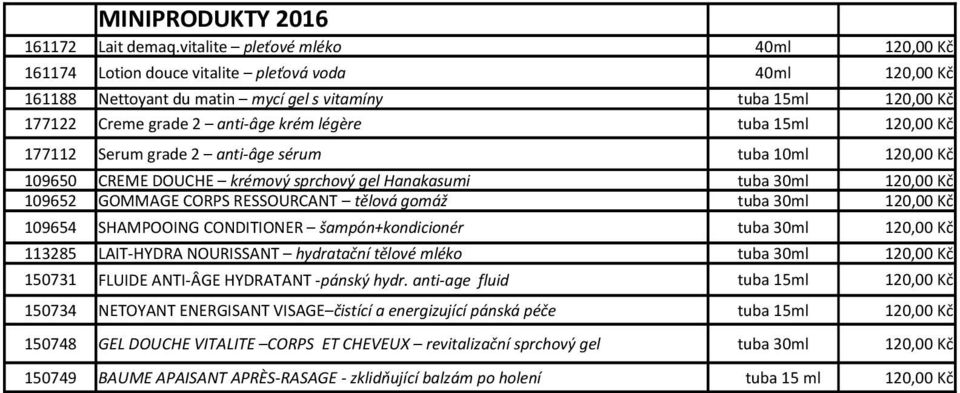 légère tuba 15ml 120,00 Kč 177112 Serum grade 2 anti-âge sérum tuba 10ml 120,00 Kč 109650 CREME DOUCHE krémový sprchový gel Hanakasumi tuba 30ml 120,00 Kč 109652 GOMMAGE CORPS RESSOURCANT tělová