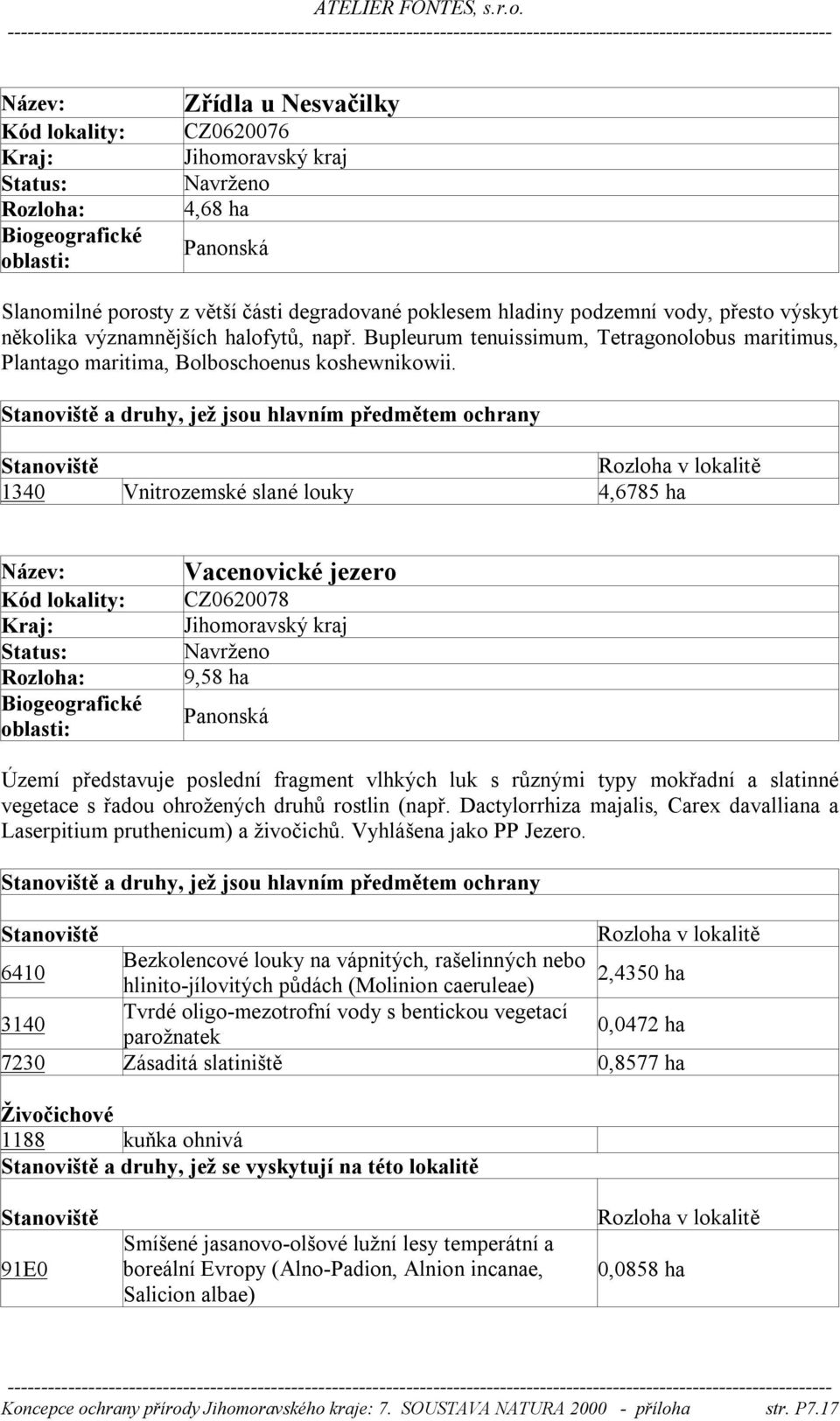 1340 Vnitrozemské slané louky 4,6785 ha Vacenovické jezero CZ0620078 9,58 ha Území představuje poslední fragment vlhkých luk s různými typy mokřadní a slatinné vegetace s řadou ohrožených druhů