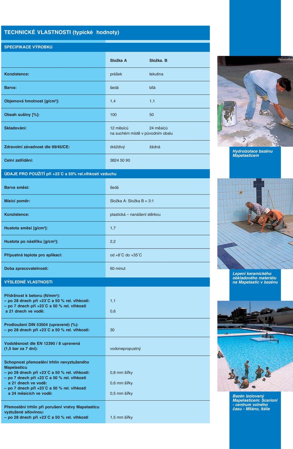 99/45/CE: dráždivý žádná Celní zatřídění: 3824 50 90 Hydroizolace bazénu ÚDAJE PRO POUŽITÍ při +23 C a 50% rel.