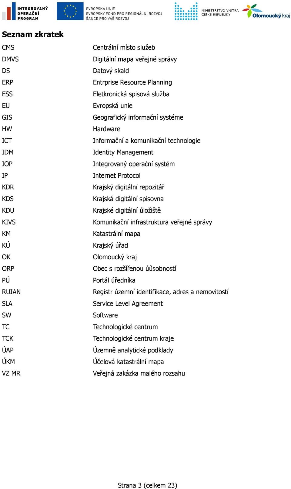 Internet Protocol Krajský digitální repozitář Krajská digitální spisovna Krajské digitální úložiště Komunikační infrastruktura veřejné správy Katastrální mapa Krajský úřad Olomoucký kraj Obec s