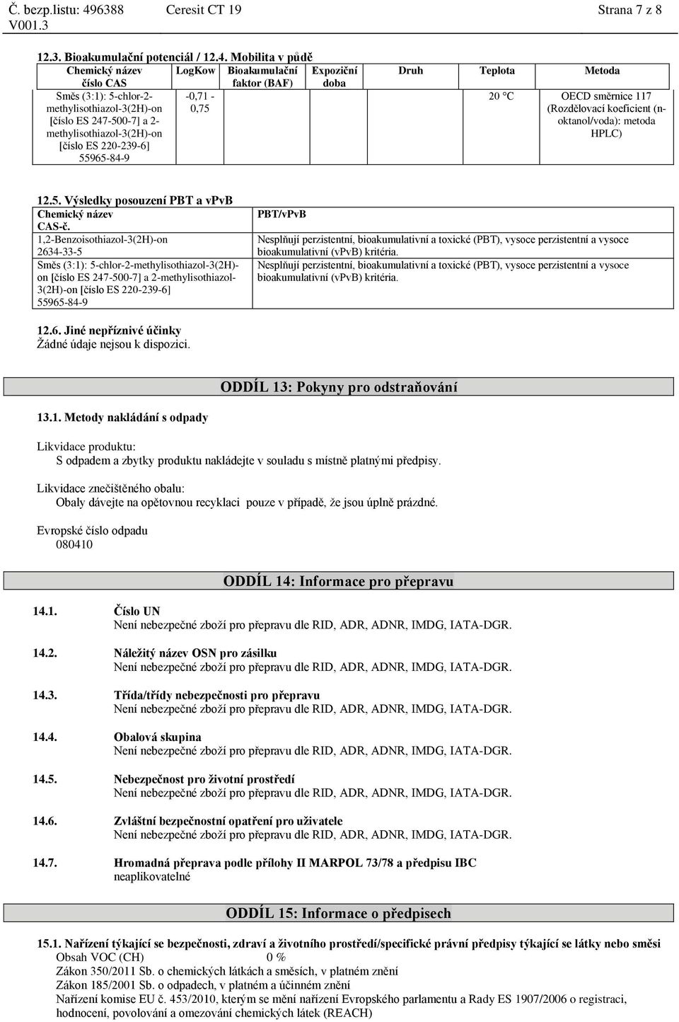 (noktanol/voda): metoda HPLC) 12.5. Výsledky posouzení PBT a vpvb CAS-č.