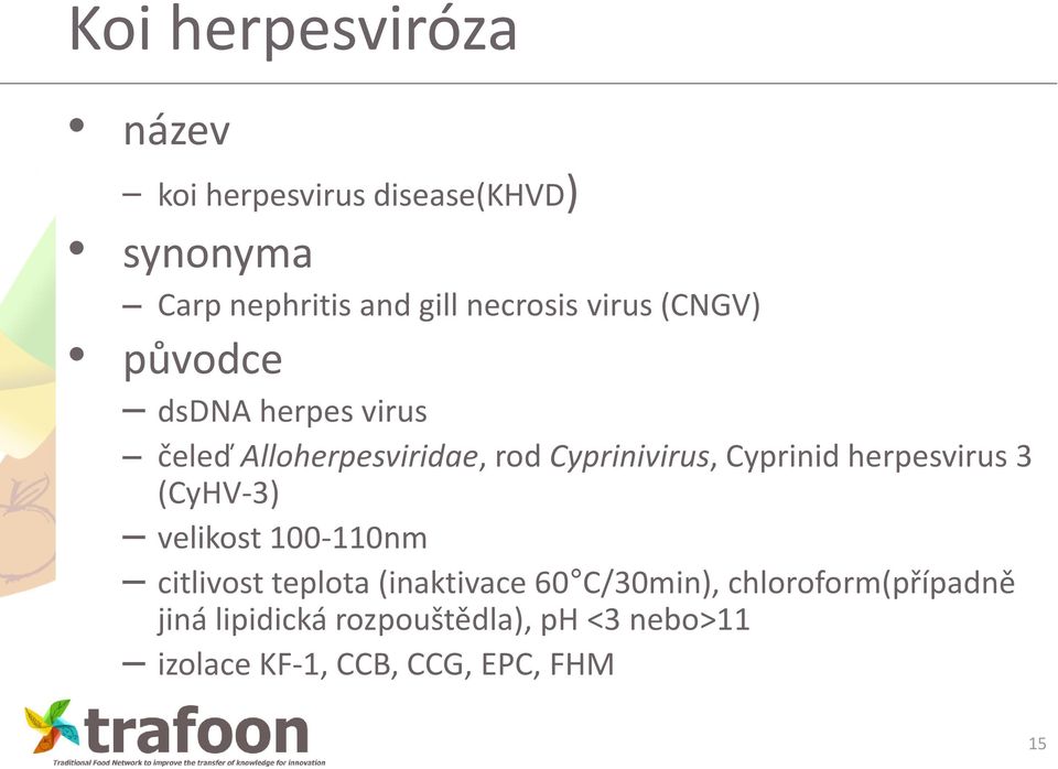 Cyprinid herpesvirus 3 (CyHV-3) velikost 100-110nm citlivost teplota (inaktivace 60