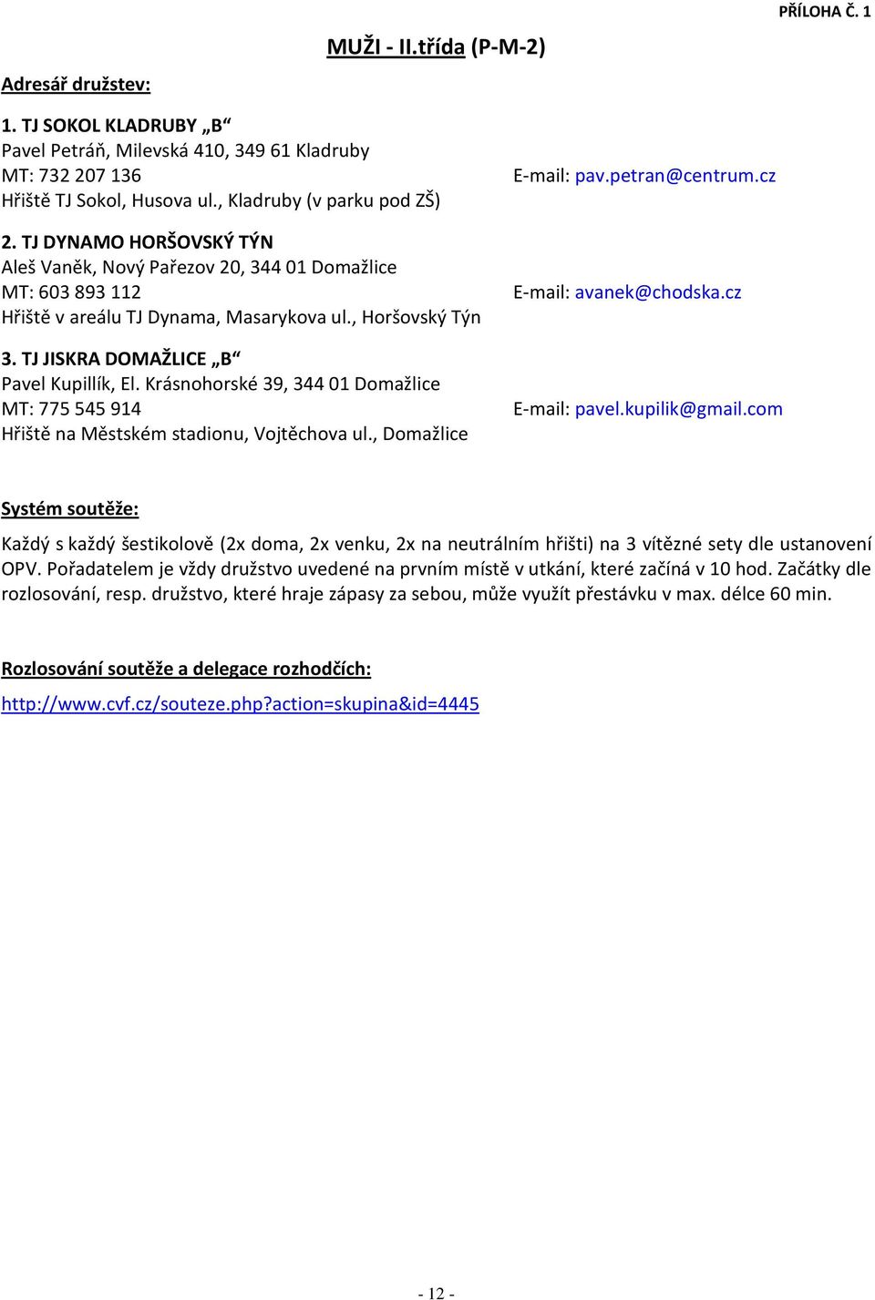 Krásnohorské 39, 34401 Domažlice MT: 775545914 Hřiště na Městském stadionu, Vojtěchova ul., Domažlice E-mail: pav.petran@centrum.cz E-mail: avanek@chodska.cz E-mail: pavel.kupilik@gmail.