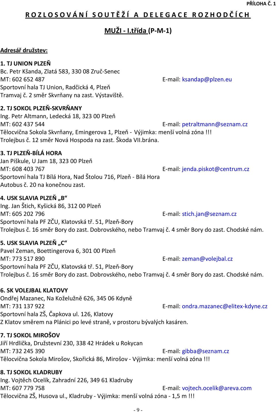 TJ SOKOL PLZEŇ-SKVRŇANY Ing. Petr Altmann, Ledecká 18, 32300 Plzeň MT: 602437544 E-mail: petraltmann@seznam.cz Tělocvična Sokola Skvrňany, Emingerova 1, Plzeň - Výjimka: menší volná zóna!!! Trolejbus č.