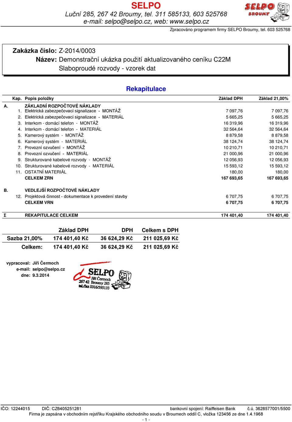 Interkom - domácí telefon - MATERIÁL 32 564,64 32 564,64 5. Kamerový systém - MONTÁŽ 8 879,58 8 879,58 6. Kamerový systém - MATERIÁL 38 124,74 38 124,74 7.