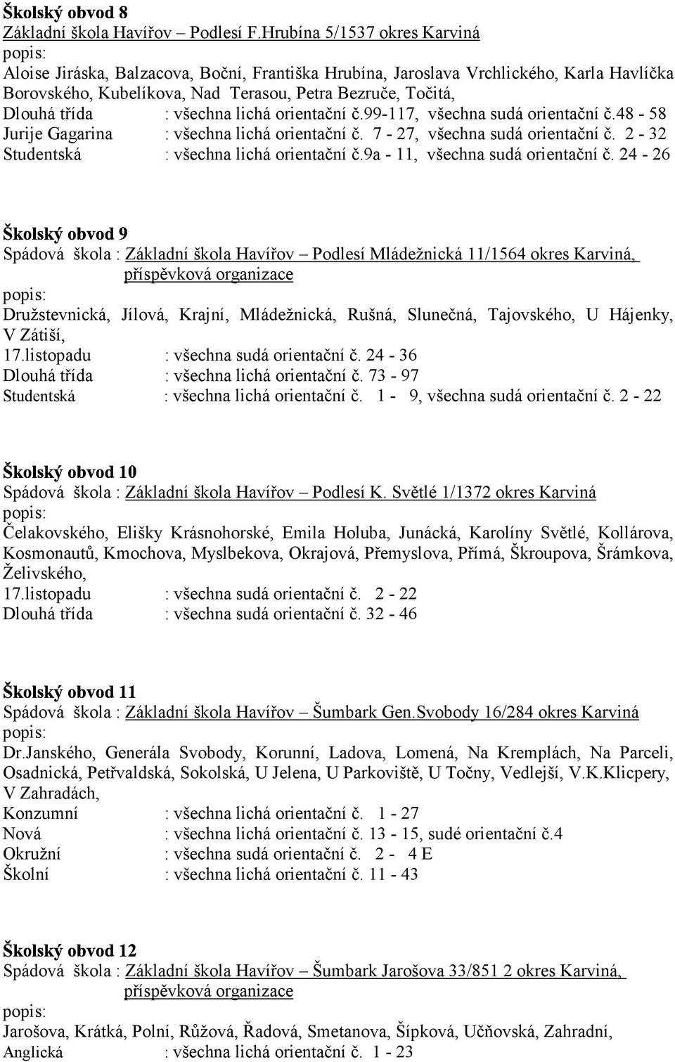 všechna lichá orientační č.99-117, všechna sudá orientační č.48-58 Jurije Gagarina : všechna lichá orientační č. 7-27, všechna sudá orientační č. 2-32 Studentská : všechna lichá orientační č.