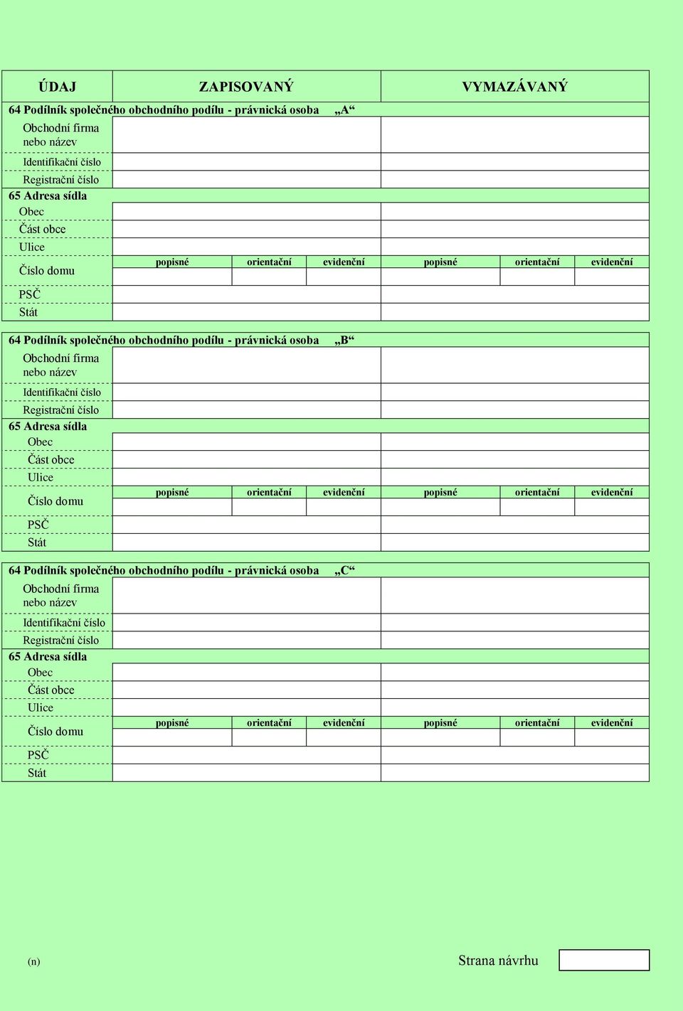 firma nebo název Identifikační číslo Registrační číslo 65 Adresa sídla 64 Podílník společného obchodního
