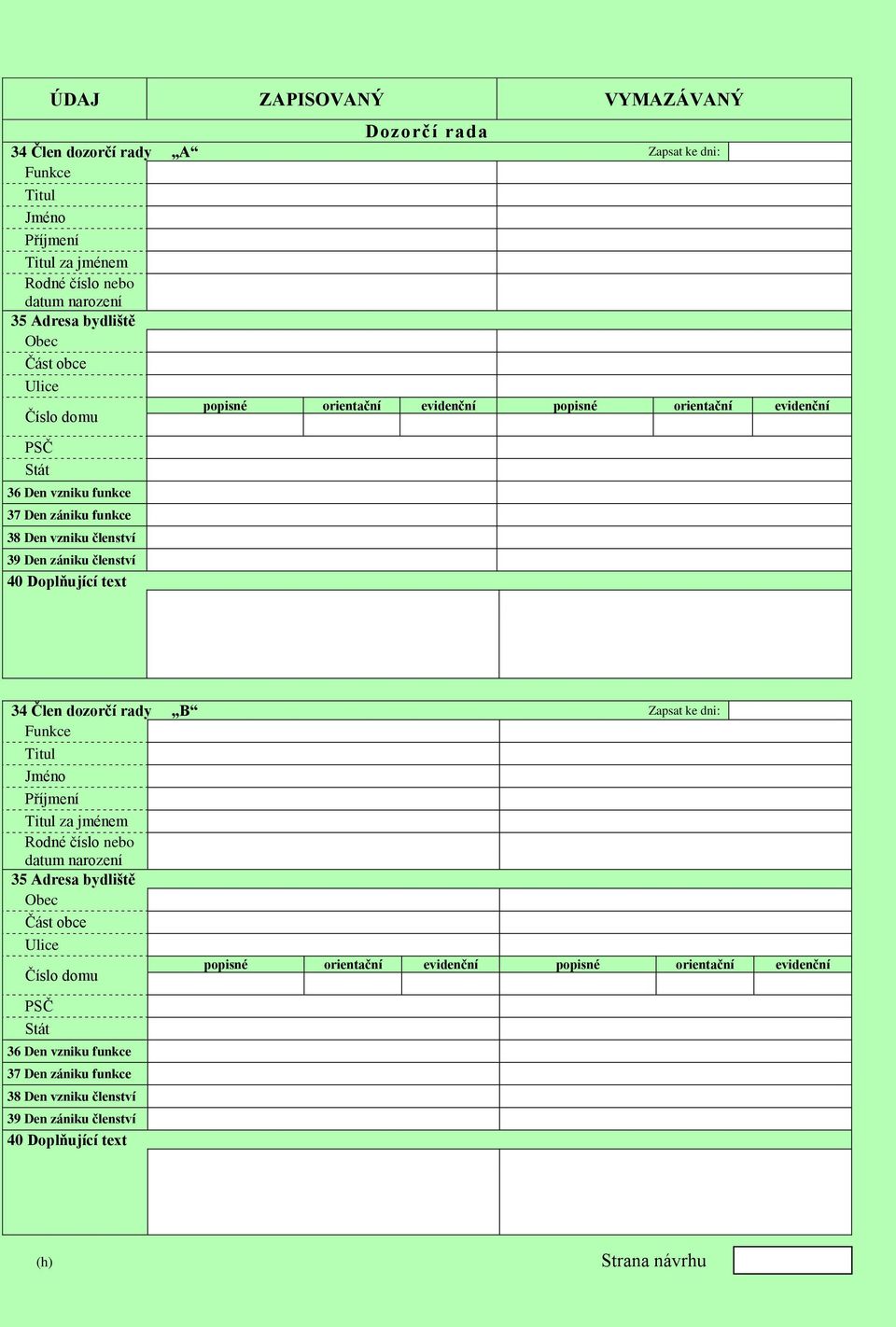 Doplňující text 34 Člen dozorčí rady B Zapsat ke dni: Funkce 35 Adresa bydliště 36 Den 