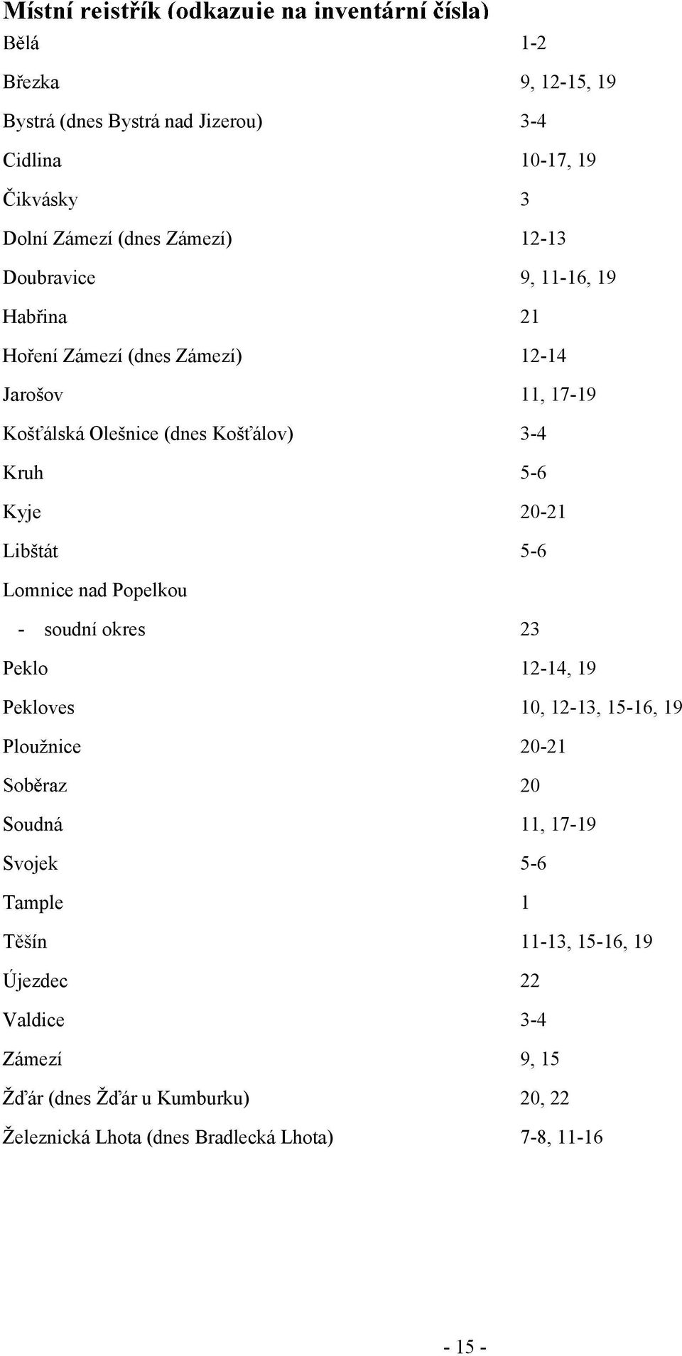 5-6 Lomnice nad Popelkou - soudní okres Peklo Pekloves Ploužnice 23 12-14, 19 10, 12-13, 15-16, 19 20-21 20 Soudná Svojek Tample 11, 17-19